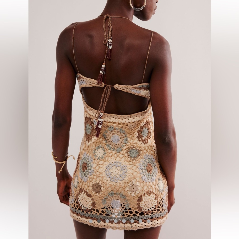 Free People Sand Bar Crochet Granny Square Open Tie Back Bodysuit Mini Dress